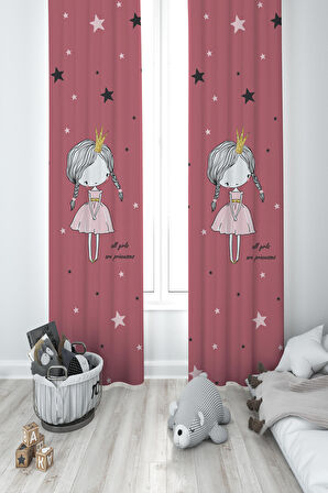 MEKTA HOME BEBEK VE ÇOCUK ODASI Yıldızlı Prenses Desenli 2 Kanat Fon Perde