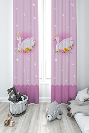 MEKTA HOME BEBEK VE ÇOCUK ODASI Pembe Kuğu Desenli 2 Kanat Fon Perde