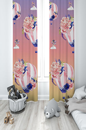 MEKTA HOME BEBEK VE ÇOCUK ODASI Uçan Balon ve Çiçek Desenli 2 Kanat Fon Perde