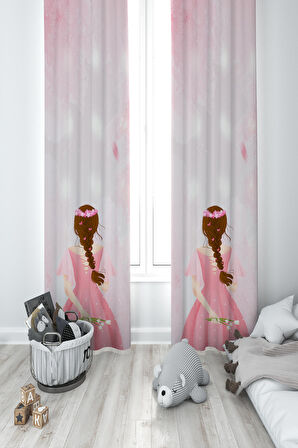 MEKTA HOME BEBEK VE ÇOCUK ODASI Örgülü Saçlı Kız Desenli 2 Kanat Fon Perde