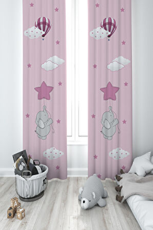 MEKTA HOME BEBEK VE ÇOCUK ODASI Pembe Yıldızlı Fil Desenli 2 Kanat Fon Perde