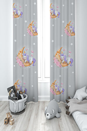 MEKTA HOME BEBEK VE ÇOCUK ODASI Aya Sarılan Unicorn Desenli Gri 2 Kanat Fon Perde