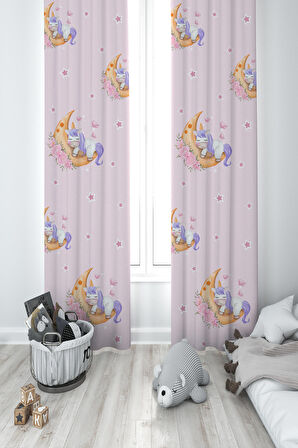 MEKTA HOME BEBEK VE ÇOCUK ODASI Aya Sarılan Unicorn Desenli Pembe 2 Kanat Fon Perde
