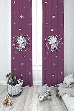 MEKTA HOME BEBEK VE ÇOCUK ODASI Renkli Unicorn Desenli Mor 2 Kanat Fon Perde