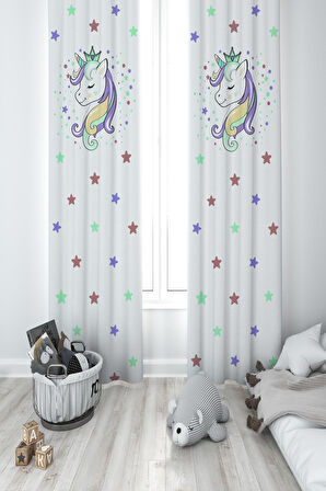 MEKTA HOME BEBEK VE ÇOCUK ODASI Renkli Unicorn Desenli Beyaz 2 Kanat Fon Perde