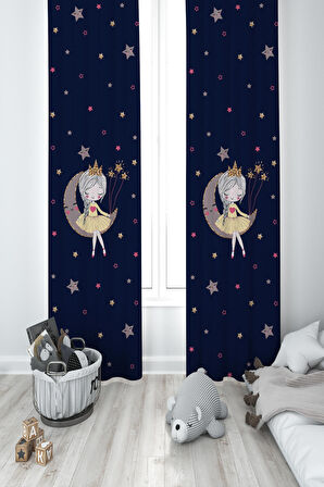 MEKTA HOME BEBEK VE ÇOCUK ODASI Ayda Oturan Prenses Kız Desenli Lacivert 2 Kanat Fon Perde