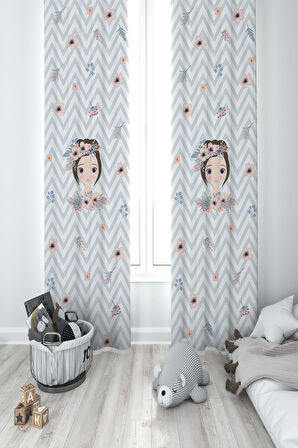 MEKTA HOME BEBEK VE ÇOCUK ODASI Çiçekli Prenses Kız Desenli Zikzaklı 2 Kanat Fon Perde