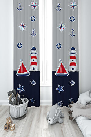 MEKTA HOME BEBEK VE ÇOCUK ODASI Denizci Desenli Lacivert Gri 2 Kanat Fon Perde