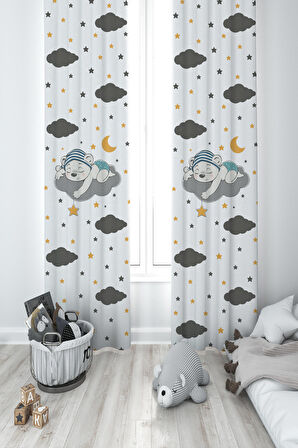 MEKTA HOME BEBEK VE ÇOCUK ODASI Sevimli Mavi Uyuyan Ayı Desenli 2 Kanat Fon Perde