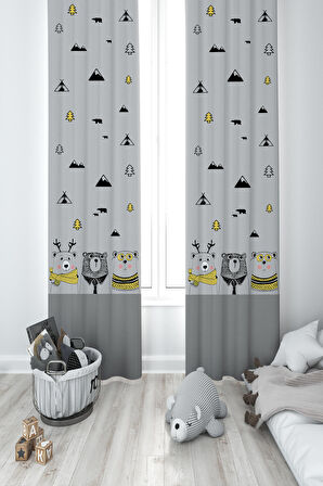 MEKTA HOME BEBEK VE ÇOCUK ODASI Sevimli 3'lü Ayı ve Yol Desenli Gri 2 Kanat Fon Perde