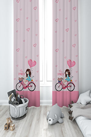 MEKTA HOME BEBEK VE ÇOCUK ODASI Bisikletli Kız ve Kalpli Balon Desenli Pembe 2 Kanat Fon Perde