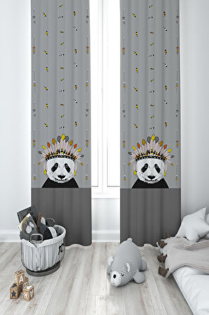 MEKTA HOME BEBEK VE ÇOCUK ODASI Kızılderili Panda Desenli 2 Kanat Fon Perde