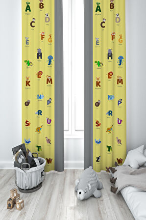 MEKTA HOME BEBEK VE ÇOCUK ODASI Sayılar ve Harfler Seksek Desenli Eğitici 2 Kanat Fon Perde