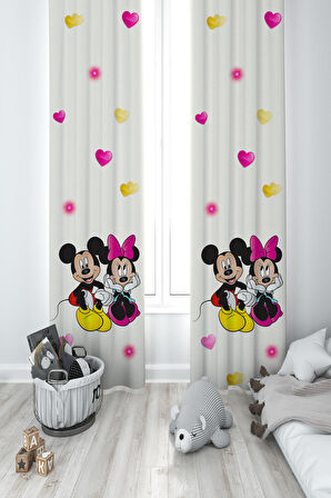 MEKTA HOME BEBEK VE ÇOCUK ODASI Mickey ve Minnie Mause Desenli 2 Kanat Fon Perde