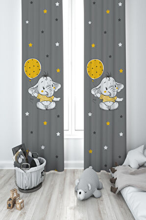 MEKTA HOME BEBEK VE ÇOCUK ODASI Sarı Filli Balon Desenli 2 Kanat Fon Perde