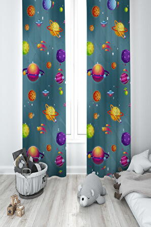 MEKTA HOME BEBEK VE ÇOCUK ODASI Uzay ve Gezegen Desenli 2 Kanat Fon Perde