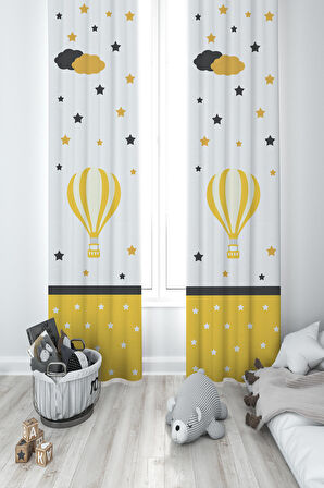 MEKTA HOME BEBEK VE ÇOCUK ODASI Uçan Balon ve Bulut Desenli 2 Kanat Fon Perde