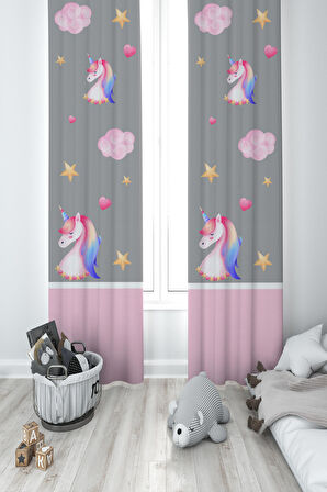 MEKTA HOME BEBEK VE ÇOCUK ODASI Unicorn ve Seksek Desenli 2 Kanat Fon Perde