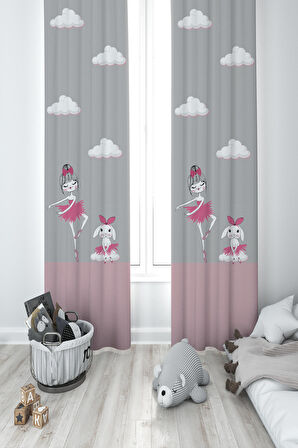 MEKTA HOME BEBEK VE ÇOCUK ODASI Prenses Kız ve Tavşan Desenli Seksekli 2 Kanat Fon Perde