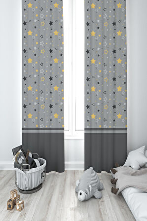 MEKTA HOME BEBEK VE ÇOCUK ODASI Gri Sarı Yıldız Desenli 2 Kanat Fon Perde