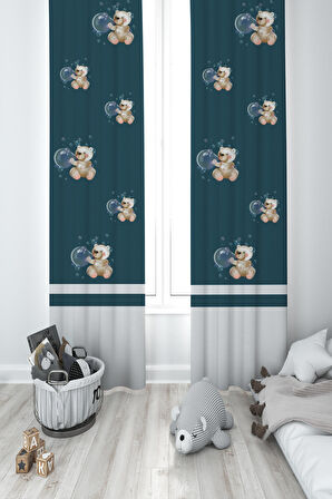 MEKTA HOME BEBEK VE ÇOCUK ODASI Balon Çıkaran Ayıcık Desenli 2 Kanat Fon Perde