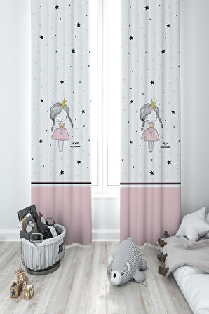 MEKTA HOME BEBEK VE ÇOCUK ODASI Örgülü Saçlı Prenses Kız Desenli 2 Kanat Fon Perde