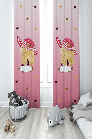 MEKTA HOME BEBEK VE ÇOCUK ODASI Şapkalı Prenses Kız Desenli 2 Kanat Fon Perde