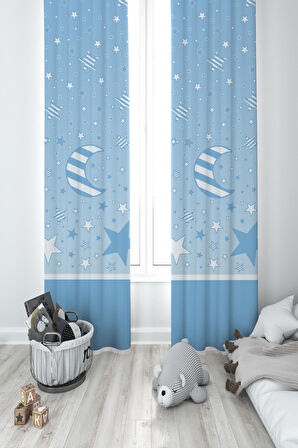 MEKTA HOME BEBEK VE ÇOCUK ODASI Ay ve Yıldız Desenli Mavi 2 Kanat Fon Perde