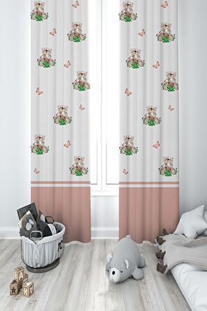 MEKTA HOME BEBEK VE ÇOCUK ODASI Ayıcık ve Çiçek Desenli 2 Kanat Fon Perde