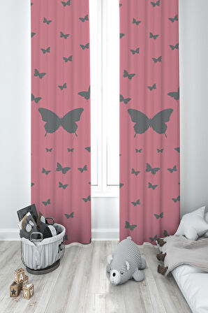 MEKTA HOME BEBEK VE ÇOCUK ODASI Kelebek Desenli Pembe 2 Kanat Fon Perde