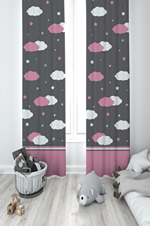 MEKTA HOME BEBEK VE ÇOCUK ODASI Pembe ve Beyaz Bulut Desenli 2 Kanat Fon Perde