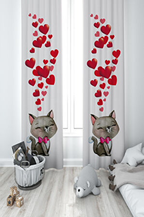 MEKTA HOME BEBEK VE ÇOCUK ODASI Kedi ve Kalp Desenli 2 Kanat Fon Perde