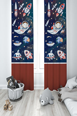 MEKTA HOME BEBEK VE ÇOCUK ODASI Uzaylı Astronot Desenli 2 Kanat Fon Perde