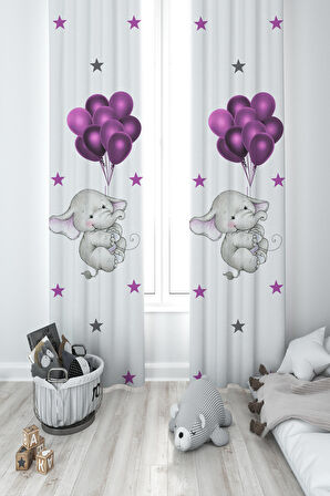 MEKTA HOME BEBEK VE ÇOCUK ODASI Filli ve Mor Balon Desenli 2 Kanat Fon Perde