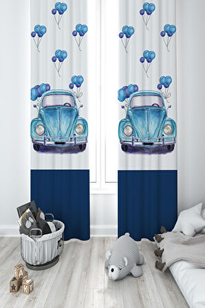 MEKTA HOME BEBEK VE ÇOCUK ODASI Mavi Vosvos Desenli 2 Kanat Fon Perde