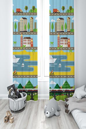 MEKTA HOME BEBEK VE ÇOCUK ODASI Şehir Desenli 2 Kanat Fon Perde
