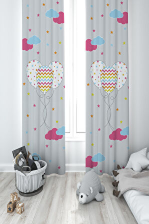 MEKTA HOME BEBEK VE ÇOCUK ODASI Renkli Bulutlu ve Balon Desenli 2 Kanat Fon Perde