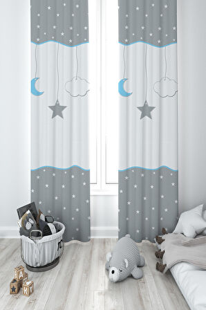 MEKTA HOME BEBEK VE ÇOCUK ODASI Yıldız ve Ay Desenli Çerçeveli 2 Kanat Fon Perde