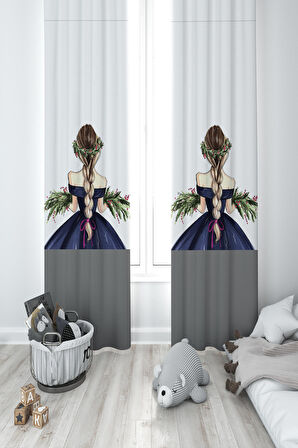 MEKTA HOME BEBEK VE ÇOCUK ODASI Örgülü Saçlı Çiçekli Kız Desenli 2 Kanat Fon Perde