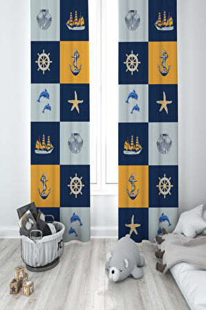 MEKTA HOME BEBEK VE ÇOCUK ODASI Dümen ve Deniz Yıldzı Deseli 2 Kanat Fon Perde