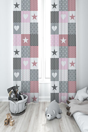 MEKTA HOME BEBEK VE ÇOCUK ODASI Soft Yıldız ve Kalp Desenli 2 Kanat Fon Perde