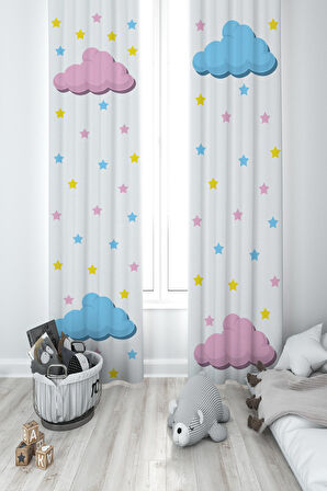 MEKTA HOME BEBEK VE ÇOCUK ODASI Pembe Mavi Bulut Desenli 2 Kanat Fon Perde