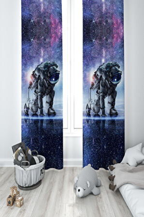 MEKTA HOME BEBEK VE ÇOCUK ODASI Galaksi Astronot Desenli 2 Kanat Fon Perde