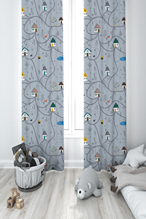 MEKTA HOME BEBEK VE ÇOCUK ODASI Küçük Evler ve Yol Desenli 2 Kanat Fon Perde