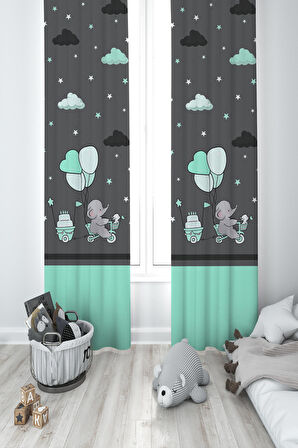 MEKTA HOME BEBEK VE ÇOCUK ODASI Yeşil Bulutlu ve Bisikletli Fil Desenli 2 Kanat Fon Perde