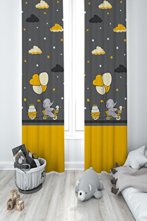 MEKTA HOME BEBEK VE ÇOCUK ODASI Sarı Bulutlu ve Bisikletli Fil Desenli 2 Kanat Fon Perde