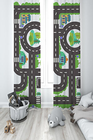 MEKTA HOME BEBEK VE ÇOCUK ODASI Otopark ve Yol Desenli 2 Kanat Fon Perde