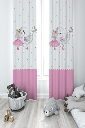 MEKTA HOME BEBEK VE ÇOCUK ODASI Balerin Kız ve Kuğu Deseli 2 Kanat Fon Perde