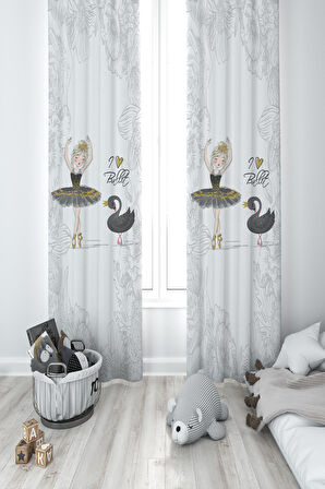 MEKTA HOME BEBEK VE ÇOCUK ODASI Baleri ve Kuğu Desenli Motifli 2 Kanat Fon Perde
