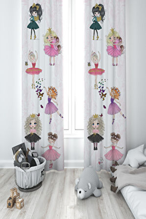 MEKTA HOME BEBEK VE ÇOCUK ODASI Prenses Kızlar ve Seksek Desenli Motifli 2 Kanat Fon Perde